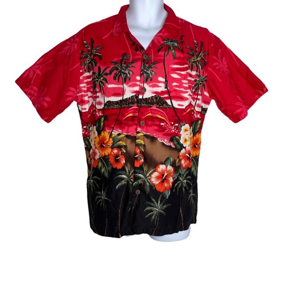 Palmwave Hawaii Fire Red Hawaiian Beach Volcano Floral Ocean Shirt Men's M - Picture 1 of 10